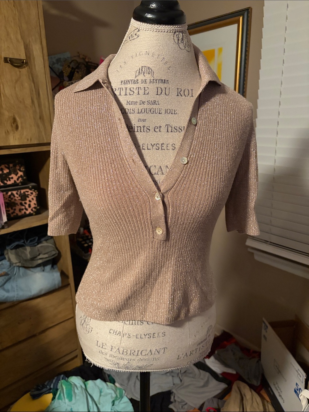525 Women’s Shimmer Ribbed Polo Top in Gold - Small
